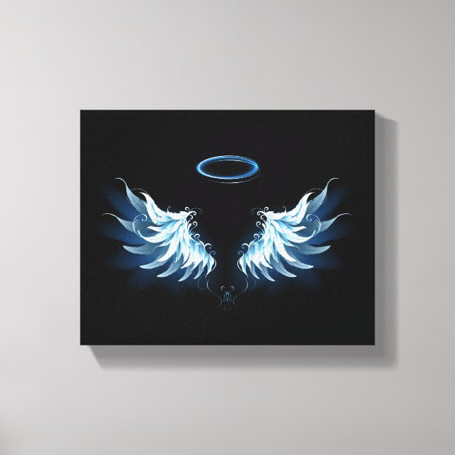 Toile Blue Glowing Angel Wings on black background (Recto)