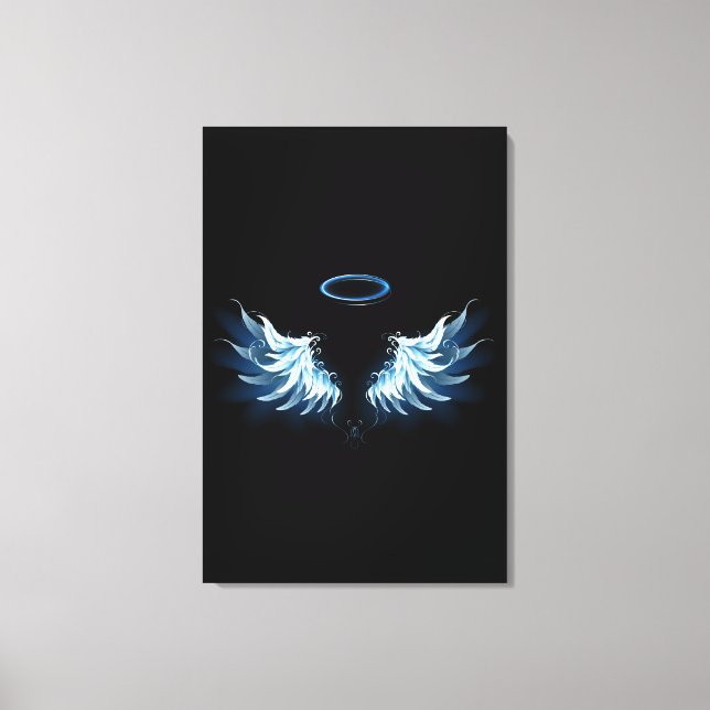 Toile Blue Glowing Angel Wings on black background (Recto)