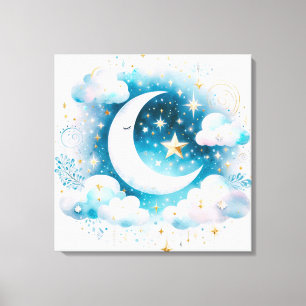 Toile Boho céleste bleu et blanc de la lune Moderne