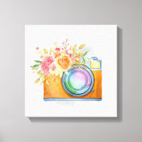 Boho Orange Caméra & Bouquet Floral Aquarelle