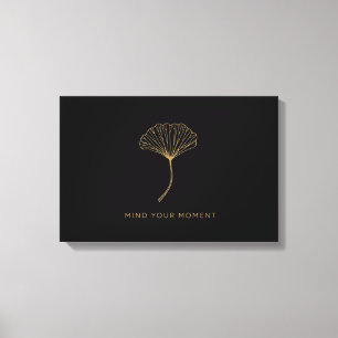 Toile Bois Minimaliste Citation Zen Feuille de Ginkgo Or