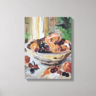 Toile Bol de pêches et de cerises fraîches nature morte