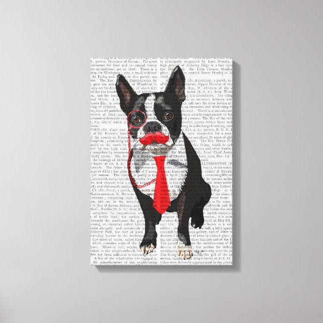 Toile Boston Terrier avec Cravate rouge et moustache (Recto)