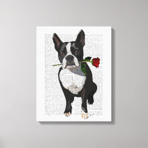 Toile Boston Terrier avec Rose à la bouche