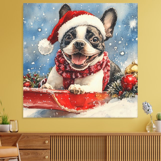 Toile Boston Terrier Dog in Sledge Let it Neige Noël (Insitu(Salon))