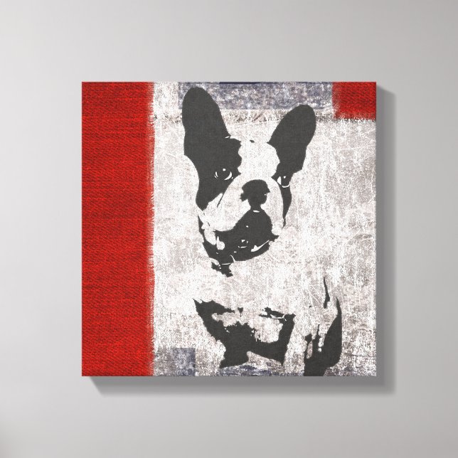 Toile Boston Terrier en noir et blanc avec frontière rou (Recto)