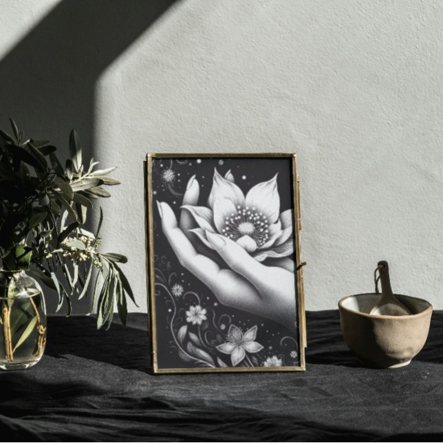Toile Botanical Hand Etching with Falling Petals Canvas (Mystical feminine lotus art, soft power and floral elegance for modern boho or Japandi-style decor)