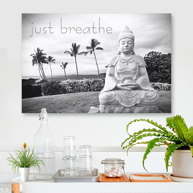 Toile Bouddha d'Hawaii noir blanc photo Breathe Citation (Créateur téléchargé)
