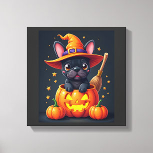 Toile Bouledogue Français Sorcière Citrouille Halloween