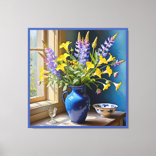 Toile Bouquet bleu jaune violet