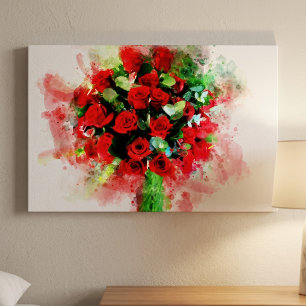 Toile Bouquet de roses rouges aquarelle sur fond blanc