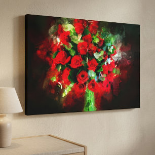Toile Bouquet de roses rouges aquarelle sur fond noir