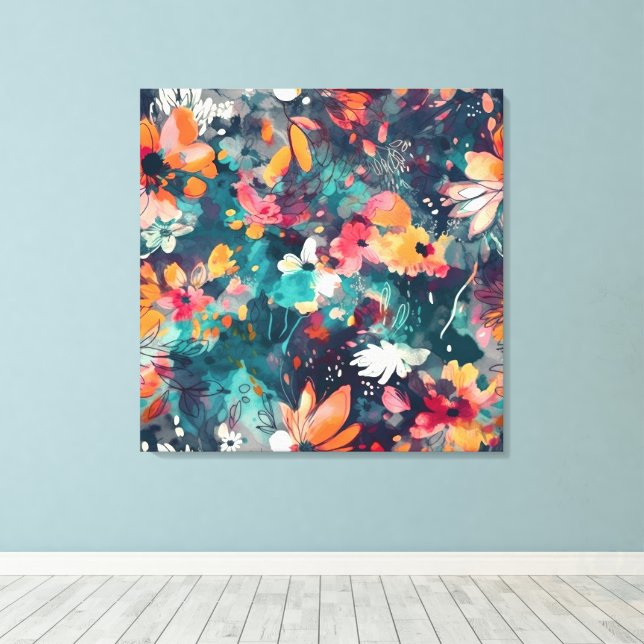Toile Brilliant Turquoise et multicolore Floral Abstrait (Insitu (Plancher de Bois))