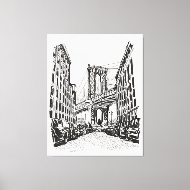 Toile Brooklyn Bridge New York Black White Illustration (Recto)