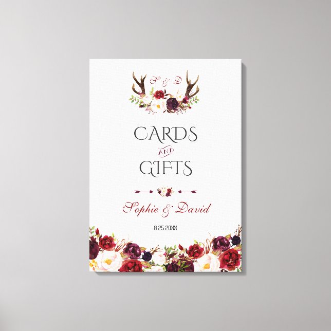 Toile Burgundy Floral Antlers Mariage Cartes et Cadeaux (Recto)