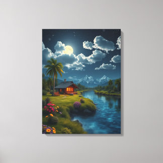 Toile Cabine Lune près de la rivière - Nature Wall Art.