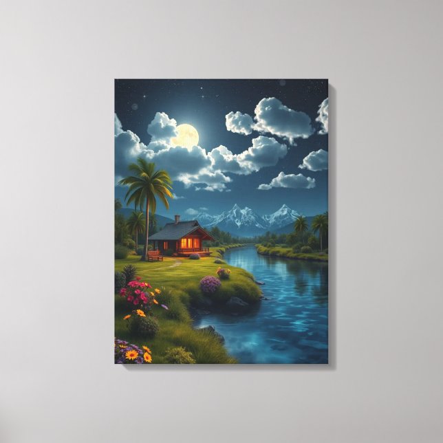Toile Cabine Lune près de la rivière - Nature Wall Art. (Recto)