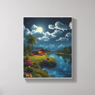 Toile Cabine Lune près de la rivière - Nature Wall Art