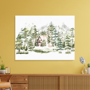 Toile Cabinet aquarelle dans la forêt de pins verts bois