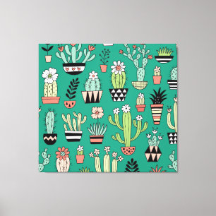 Toile Cactus Fleuris Fond Vert Vintage