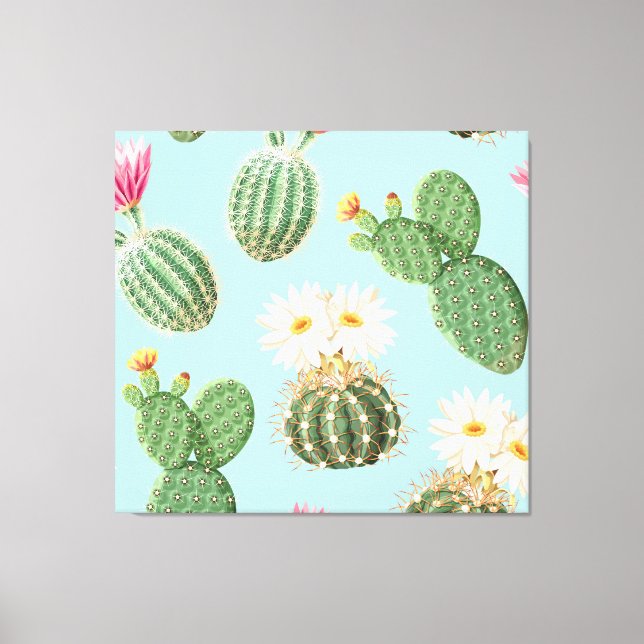 Toile Cactus, fleurs roses : décor clair (Recto)