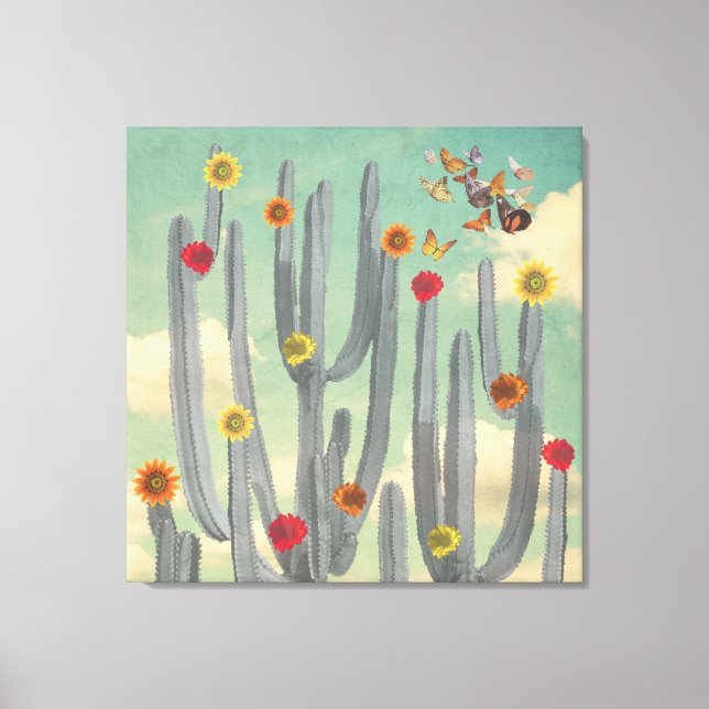 Toile Cactus noir et blanc avec fleurs Collage Art (Recto)