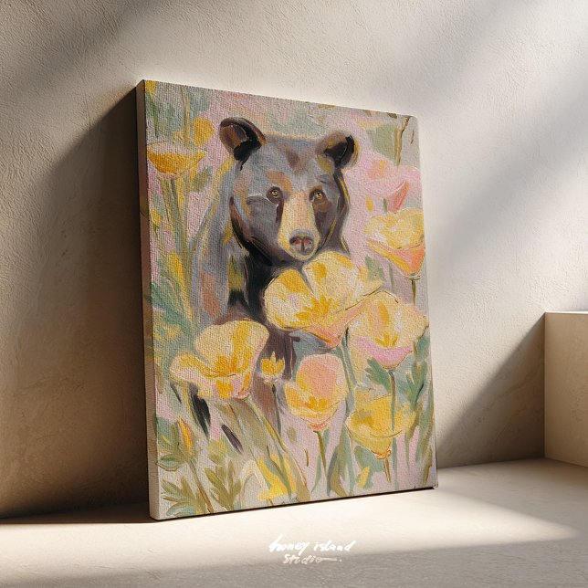 Toile California Bear with Poppies & Wildflowers Art Pri (california bear, poppy art print, state flower art, wildflower decor, california art, botanical wall)