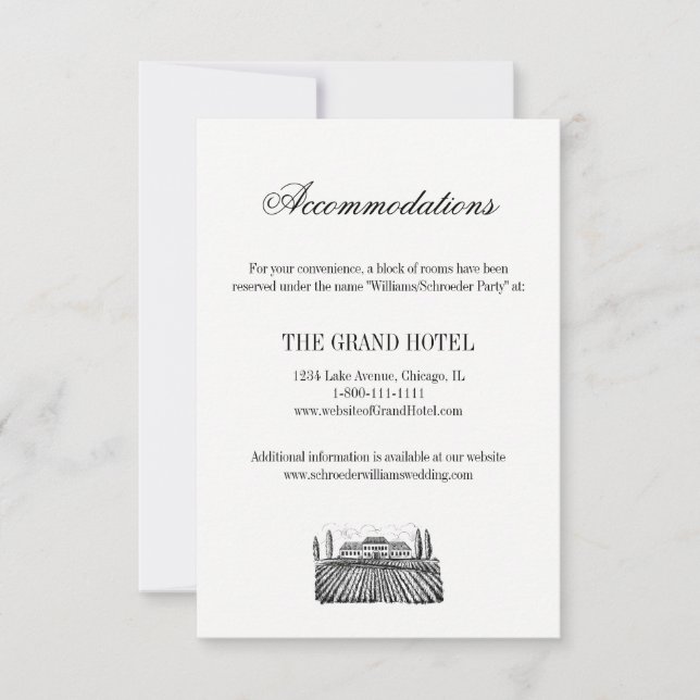 Toile & Calligraphy Wedding Accomodations Card (Front)