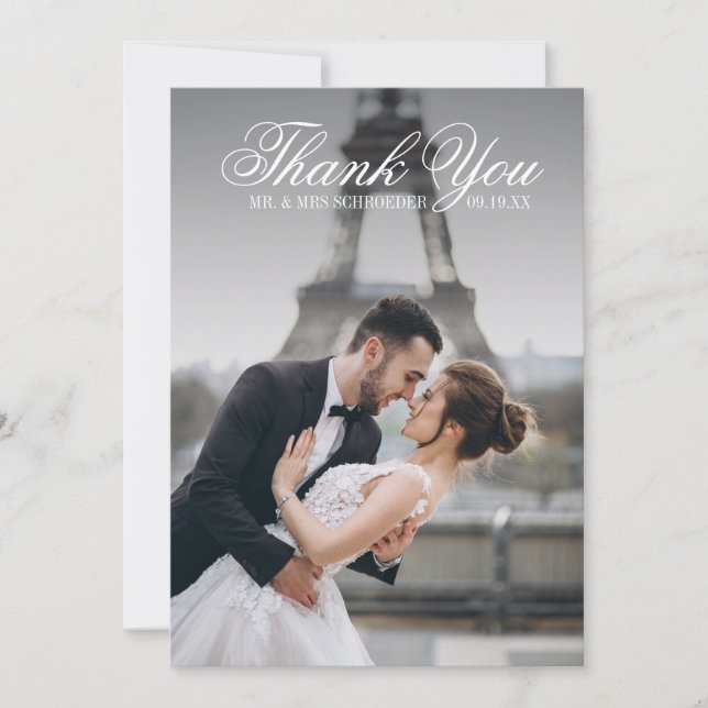 Toile & Calligraphy Wedding Photo Thank You Card (Front)