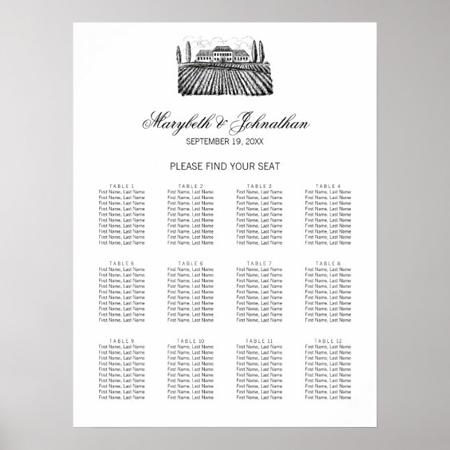 Toile & Calligraphy Wedding Seating Chart Poster (Front)
