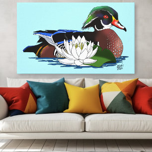 Toile Canard en bois coloré nénuphar faune bleu