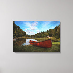 Toile Canot rouge sur la rive du lac