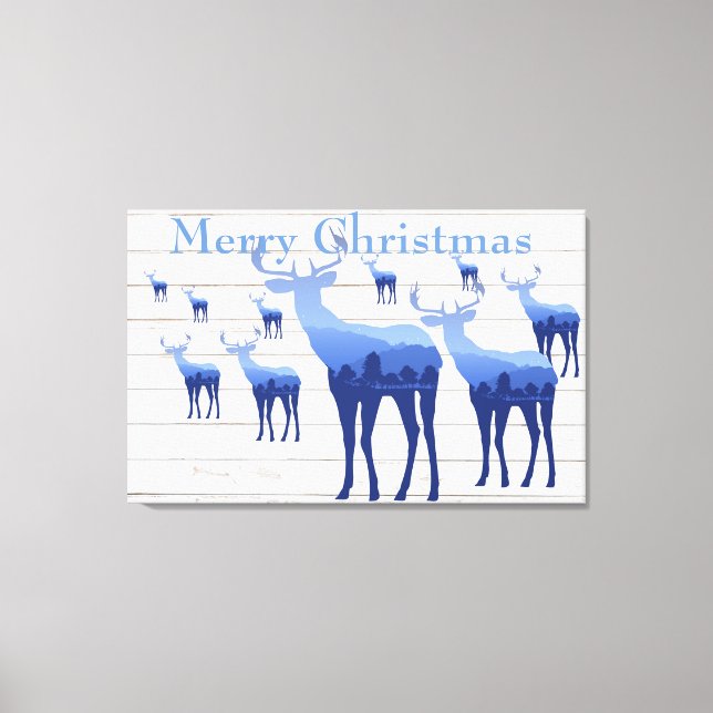 Toile Canvas Art Bleu Cerf Blanc Joyeux Noël (Recto)