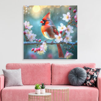 Toile Cardinal masculin en fleurs de cerisiers au clair