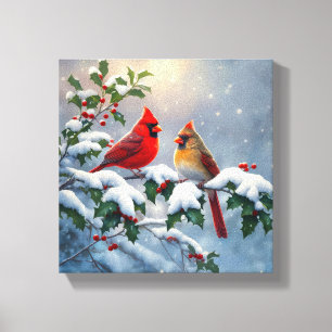 Toile Cardinaux rouges et houx dans la neige