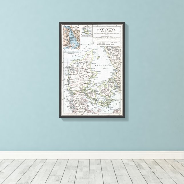 Toile Carte antique du Danemark, Danmark en danois, 1905 (Insitu (Plancher de Bois))