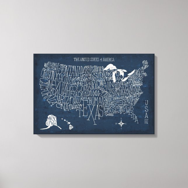 Toile Carte Bleu Lettre Main USA (Recto)