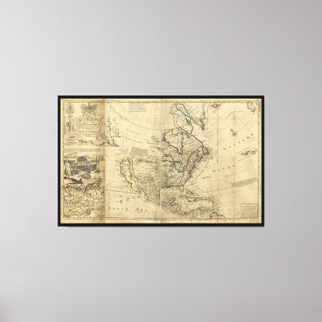 Toile Carte de l'Amérique du Nord par Herman Moll (1715) (Recto)