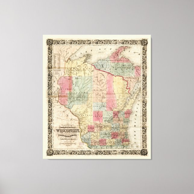 Toile Carte des cantons du Wisconsin de Colton (1851) (Recto)