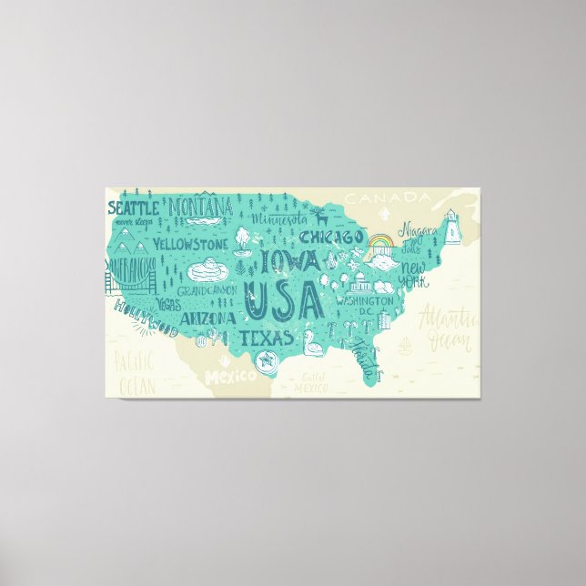 Toile Carte Doodle Des États-Unis (Recto)