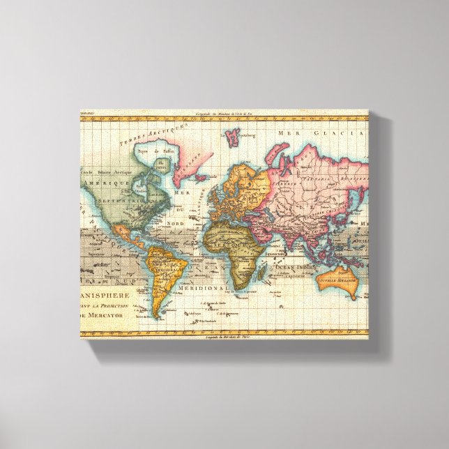 Toile Carte du Monde 1780 Bonne Antique Planisphère  (Recto)