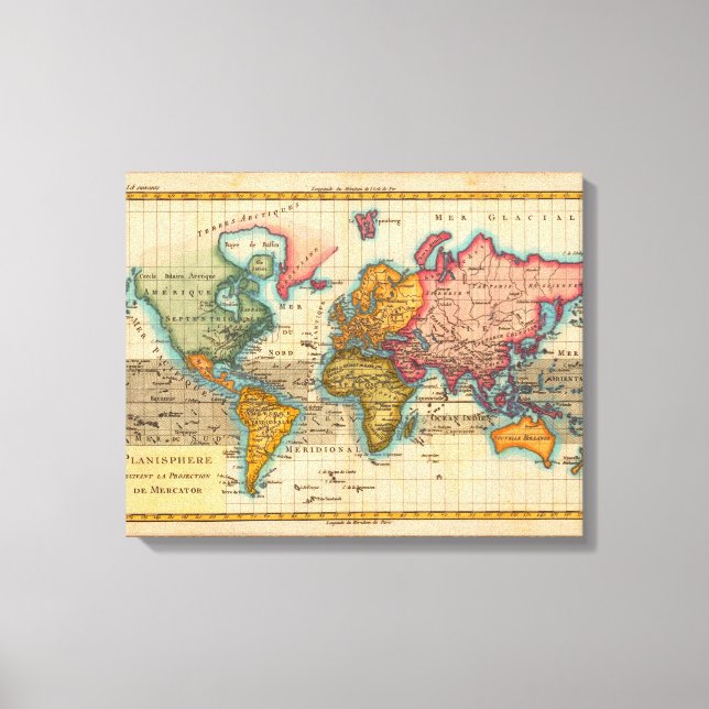 Toile Carte du Monde 1780 Bonne Antique Planisphère  (Recto)