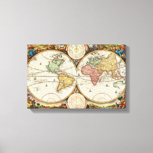 Toile Carte du monde antique Deux hémisphères Rare Art V