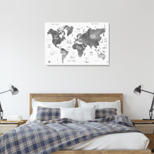 Toile Carte du monde Art noir blanc Nautique