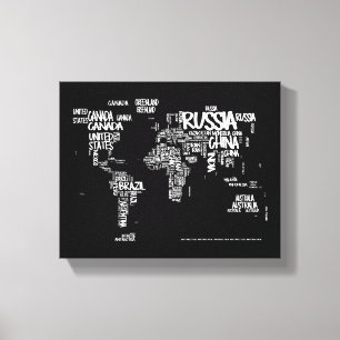Toile Carte du monde Typographie manuscrite, noir et bla