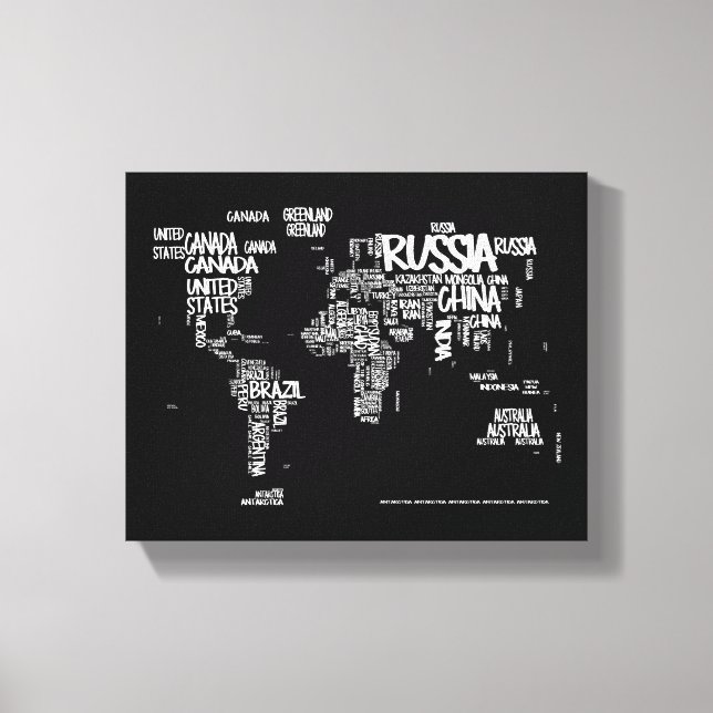 Toile Carte du monde Typographie manuscrite, noir et bla (Recto)