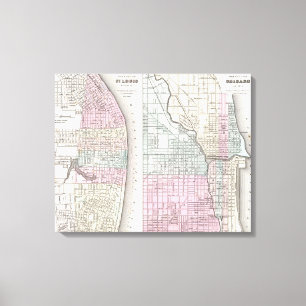 Toile Carte vintage de Chicago et de St Louis (1855)