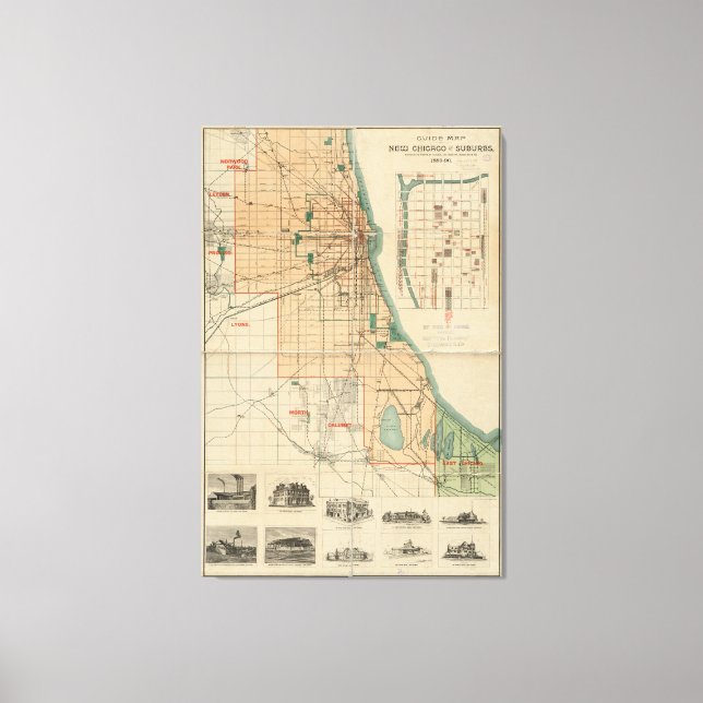 Toile Carte vintage de Chicago Illinois (1889) (Recto)