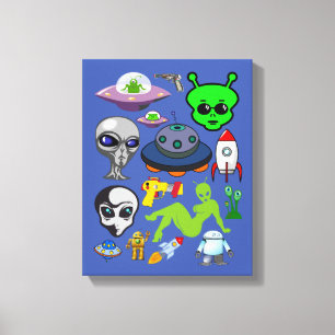 Toile Cartoon Space Aliens Grays UFO Art Collage feuille