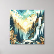 Cascade de Forest Mountain Boho Motif naturel
